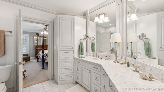 429 Kendall, Muskogee, OK 74401 - full bathroom with ornamental molding, connected bathroom, double vanity, and ceiling fan