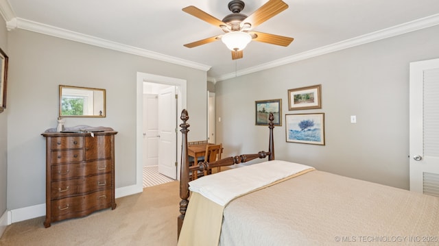 429 Kendall, Muskogee, OK 74401 - bedroom with light colored carpet, crown molding, a ceiling fan, and ensuite bath