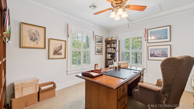 429 Kendall, Muskogee, OK 74401 - home office with healthy amount of natural light, light colored carpet, a ceiling fan, and crown molding
