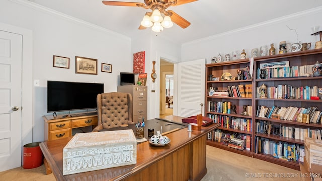 429 Kendall, Muskogee, OK 74401 - office with ceiling fan, light carpet, and ornamental molding