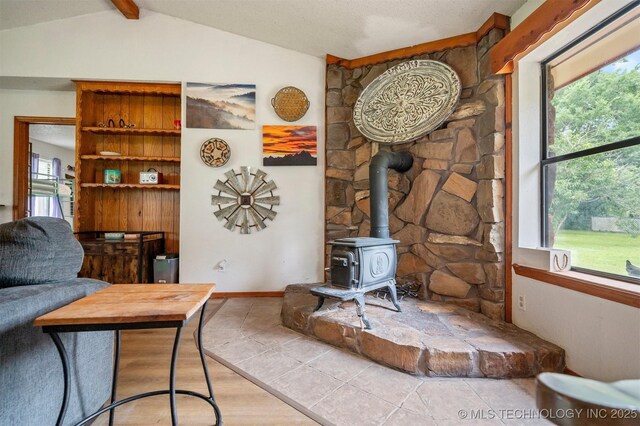 1001 E 1990th Rd, Soper, OK 74759 - living room with a wood stove and wood finished floors