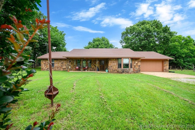 1001 E 1990th Rd, Soper, OK 74759 - single story home featuring stone siding, an attached garage, driveway, and a front yard
