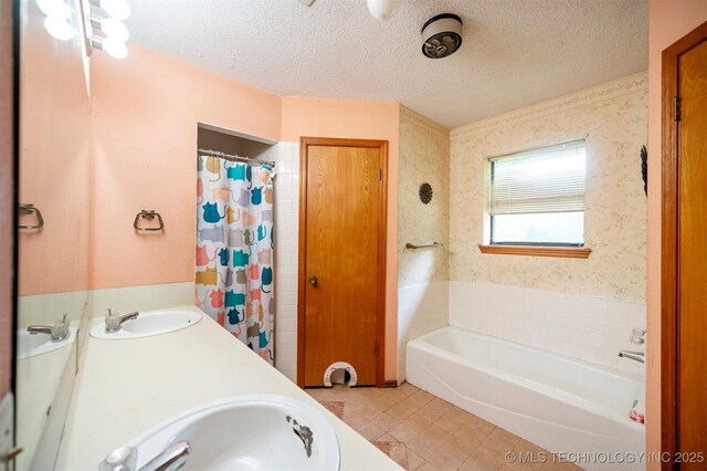 1001 E 1990th Rd, Soper, OK 74759 - bathroom with tile patterned flooring, a bath, wallpapered walls, a textured ceiling, and curtained shower