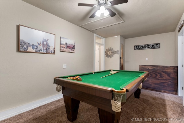 704 NE 3rd St, Wagoner, OK 74467 - rec room featuring attic access, carpet floors, ceiling fan, and billiards table