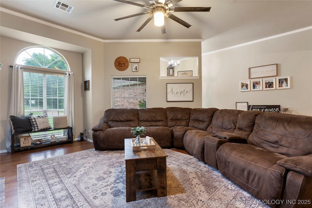 704 NE 3rd St, Wagoner, OK 74467 - living area featuring a ceiling fan, wood finished floors, and crown molding