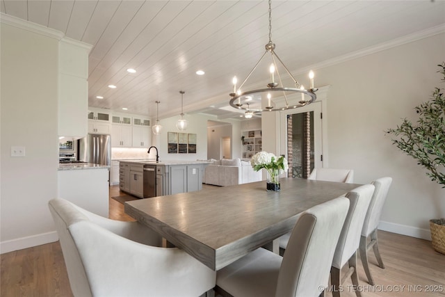 17831 S 46th E Ave, Bixby, OK 74008 - dining area with a chandelier, light wood-style floors, recessed lighting, crown molding, and wooden ceiling