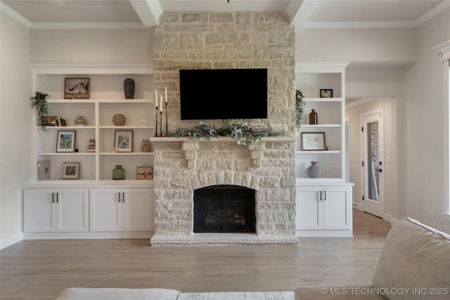17831 S 46th E Ave, Bixby, OK 74008 - unfurnished living room featuring a fireplace, light wood-style floors, crown molding, and built in shelves