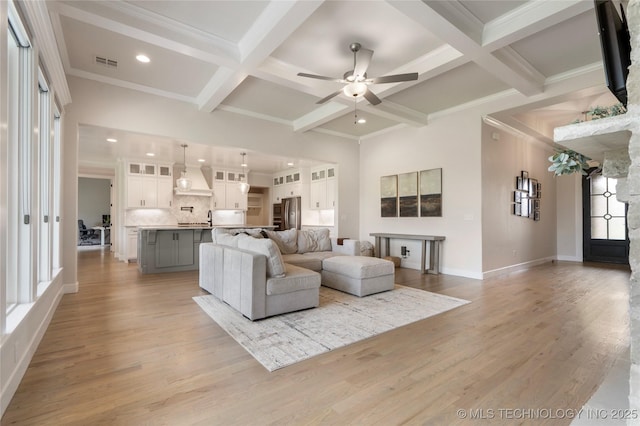 17831 S 46th E Ave, Bixby, OK 74008 - living room with ceiling fan, recessed lighting, coffered ceiling, beamed ceiling, and ornamental molding