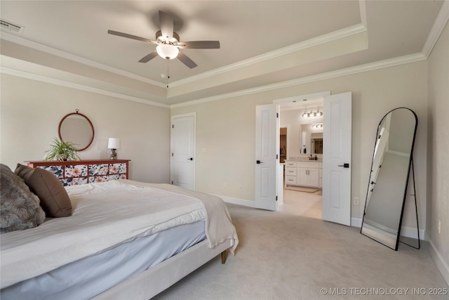 17831 S 46th E Ave, Bixby, OK 74008 - bedroom with a tray ceiling, light carpet, ornamental molding, ensuite bathroom, and ceiling fan