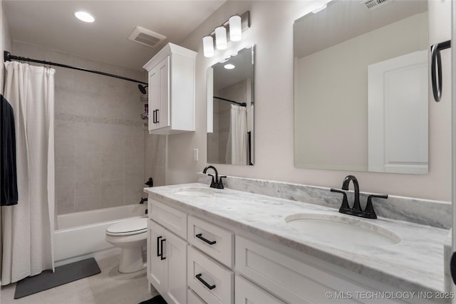 17831 S 46th E Ave, Bixby, OK 74008 - full bathroom featuring double vanity, shower / bath combo with shower curtain, recessed lighting, and tile patterned flooring