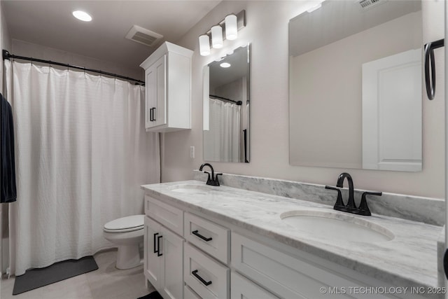 17831 S 46th E Ave, Bixby, OK 74008 - full bath featuring double vanity, a shower with curtain, tile patterned floors, and recessed lighting