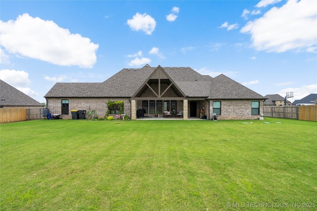 17831 S 46th E Ave, Bixby, OK 74008 - rear view of house featuring a fenced backyard, a patio area, roof with shingles, and brick siding