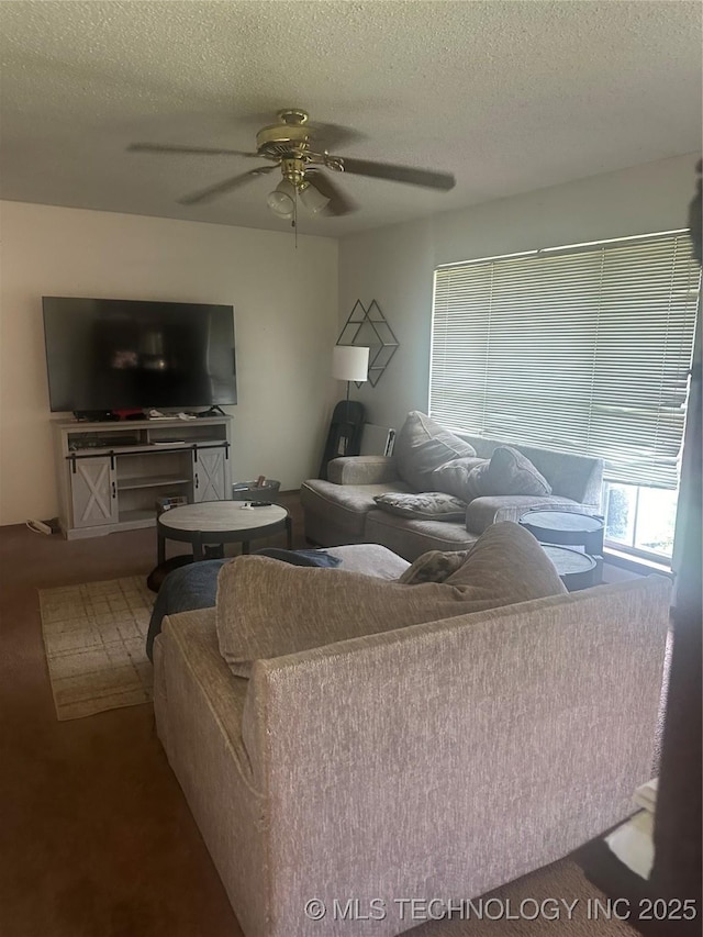 320 E Mckinley Ave, Sapulpa, OK 74066 - carpeted living room with a ceiling fan and a textured ceiling