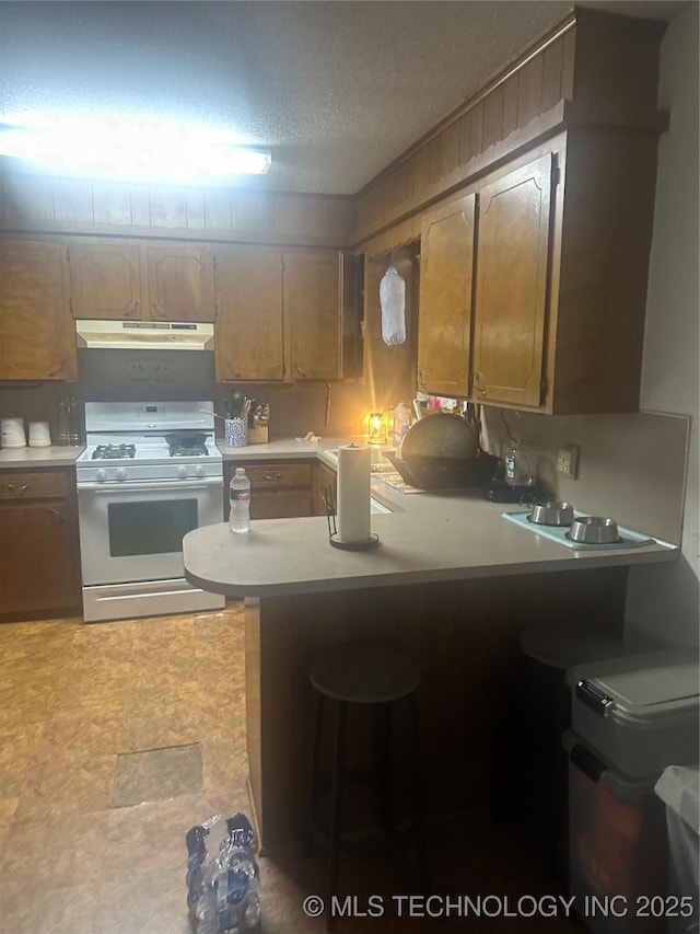 320 E Mckinley Ave, Sapulpa, OK 74066 - kitchen with white range with gas stovetop, under cabinet range hood, a peninsula, light countertops, and a textured ceiling
