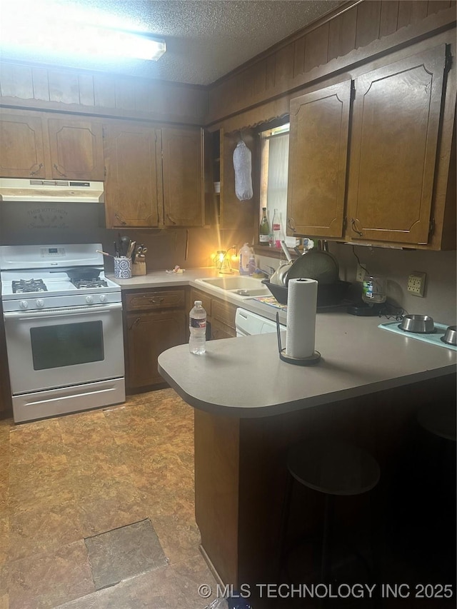 320 E Mckinley Ave, Sapulpa, OK 74066 - kitchen featuring white gas stove, under cabinet range hood, a peninsula, light countertops, and a textured ceiling