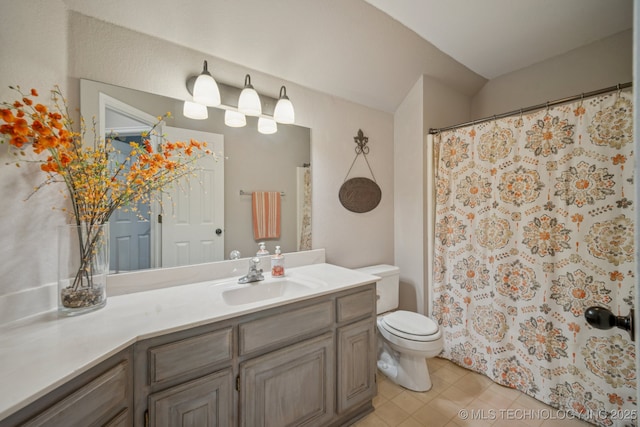 11902 N 150th E Ave, Collinsville, OK 74021 - bathroom with vanity, tile patterned floors, a shower with curtain, and lofted ceiling