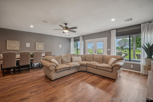 11902 N 150th E Ave, Collinsville, OK 74021 - living room featuring wood-type flooring, recessed lighting, a ceiling fan, and french doors