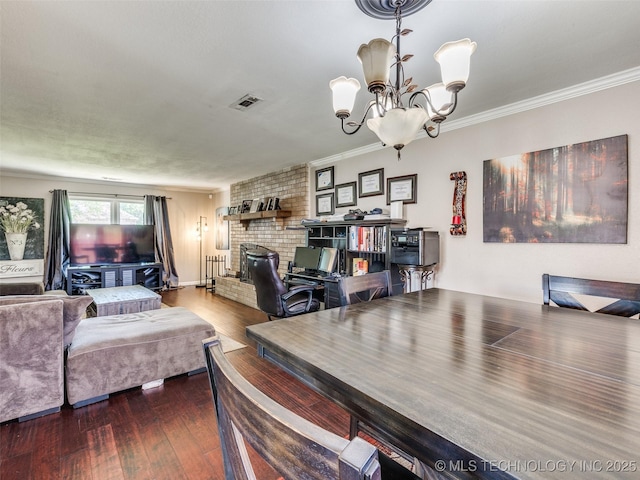 1304 W Kent St, Broken Arrow, OK 74012 - dining room featuring a chandelier, dark wood-style floors, crown molding, and radiator heating unit