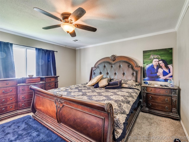 1304 W Kent St, Broken Arrow, OK 74012 - bedroom featuring carpet, crown molding, a textured ceiling, and ceiling fan