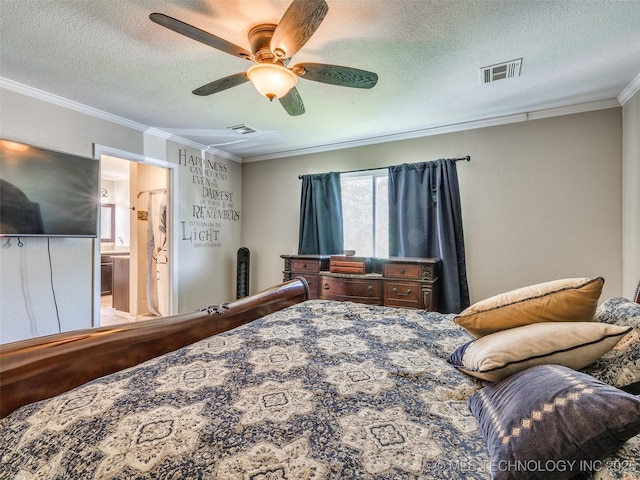 1304 W Kent St, Broken Arrow, OK 74012 - bedroom featuring ornamental molding, a textured ceiling, ceiling fan, and ensuite bath