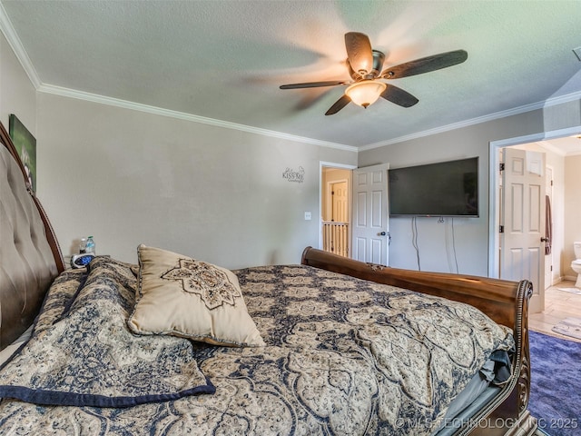 1304 W Kent St, Broken Arrow, OK 74012 - bedroom featuring ornamental molding, a textured ceiling, ceiling fan, and ensuite bath
