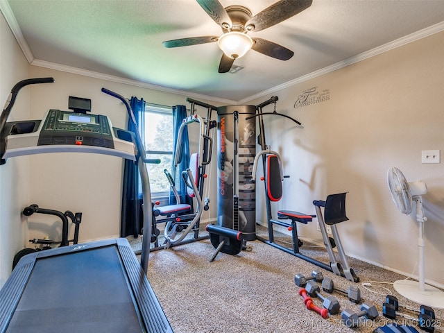 1304 W Kent St, Broken Arrow, OK 74012 - exercise room with ornamental molding, a ceiling fan, carpet flooring, and a textured ceiling