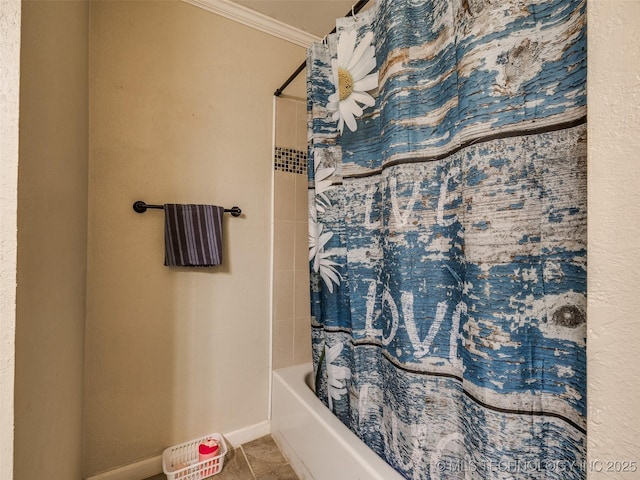1304 W Kent St, Broken Arrow, OK 74012 - full bathroom with crown molding, tile patterned floors, and shower / bath combination with curtain