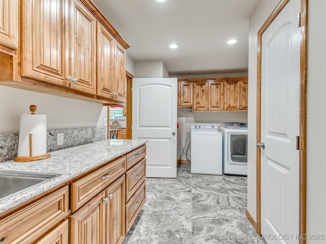 30833 S 4190th Rd, Inola, OK 74006 - laundry room featuring washer and dryer, cabinet space, light marble finish floors, and recessed lighting