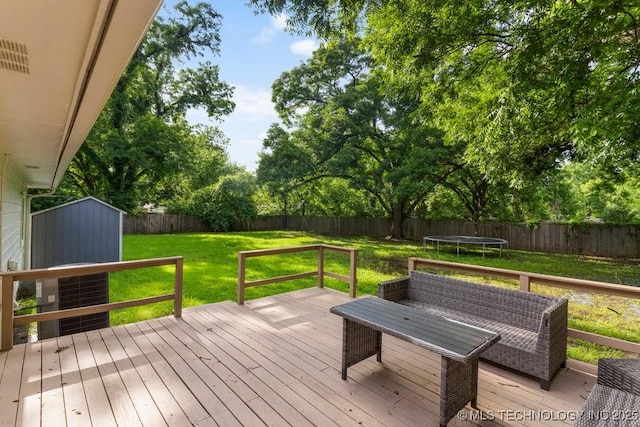 17069 S 87th Ave E, Bixby, OK 74008 - deck with a trampoline, a fenced backyard, and a storage shed