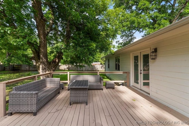 17069 S 87th Ave E, Bixby, OK 74008 - wooden terrace featuring an outdoor hangout area, a fenced backyard, and french doors