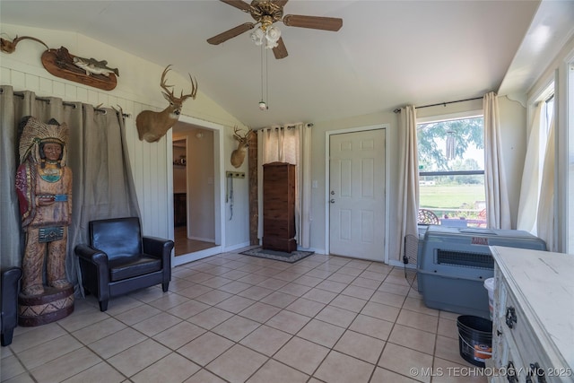 9730 S 4050th Rd, Talala, OK 74080 - sitting room with vaulted ceiling, a ceiling fan, and light tile patterned floors