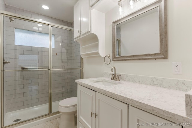4138 E 36th St, Tulsa, OK 74135 - bathroom with vanity, a stall shower, recessed lighting, and marble finish floors
