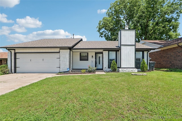 12209 E 30th Pl, Tulsa, OK 74129 - ranch-style home featuring a chimney, an attached garage, driveway, a front yard, and stone siding