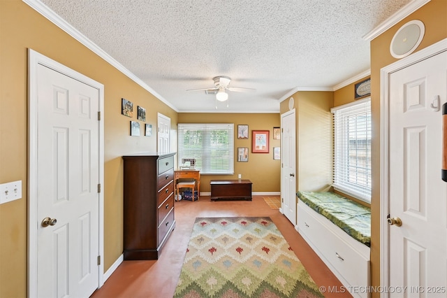 1347 E 37th St, Tulsa, OK 74105 - interior space featuring a textured ceiling, ceiling fan, ornamental molding, and light colored carpet