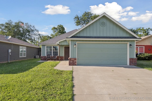 311 E 4th St, Skiatook, OK 74070 - ranch-style house with brick siding, board and batten siding, concrete driveway, and a front lawn
