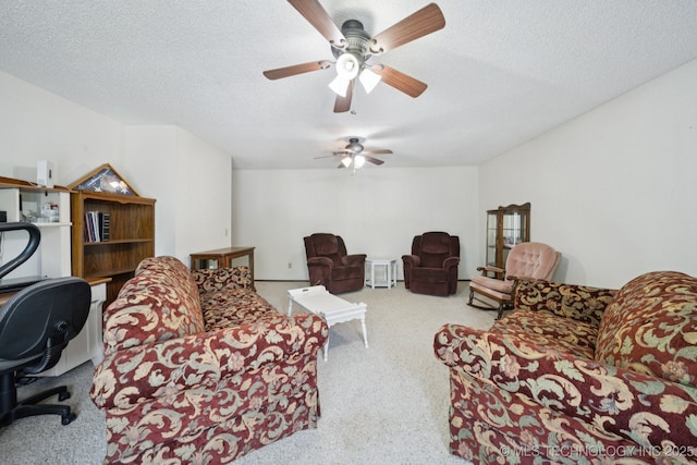 2519 W 53rd St, Tulsa, OK 74107 - living room with carpet, an office area, ceiling fan, and a textured ceiling