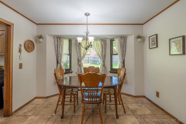 5833 E 78th Pl, Tulsa, OK 74136 - dining space with crown molding, a chandelier, and light tile patterned floors