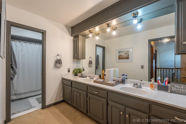 5833 E 78th Pl, Tulsa, OK 74136 - bathroom with double vanity and a shower with shower curtain