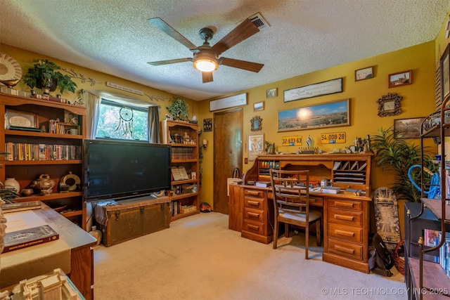 5833 E 78th Pl, Tulsa, OK 74136 - home office with a textured ceiling, ceiling fan, and carpet floors