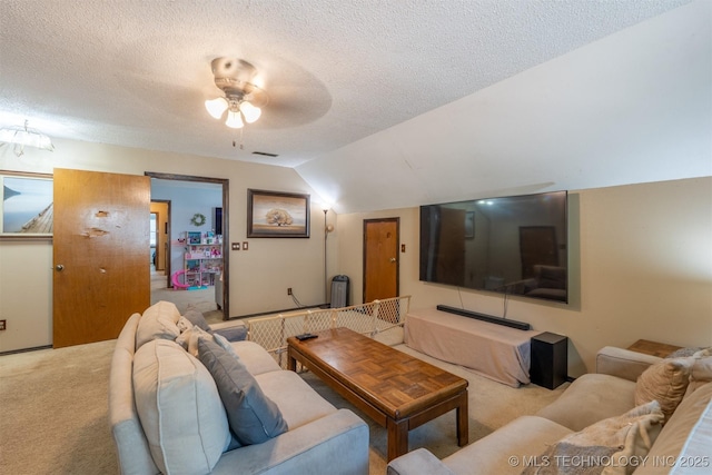 5833 E 78th Pl, Tulsa, OK 74136 - living room featuring carpet, a ceiling fan, lofted ceiling, and a textured ceiling
