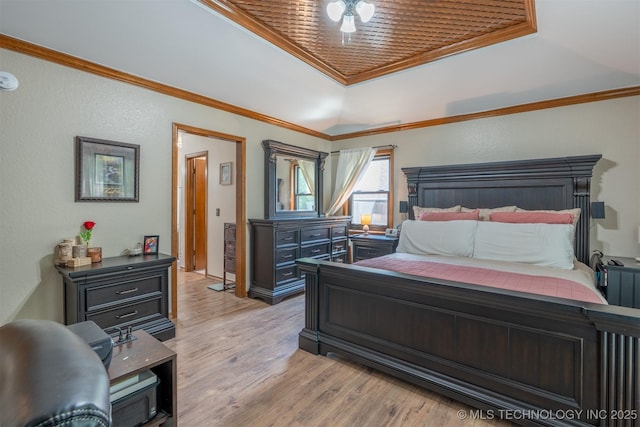 5833 E 78th Pl, Tulsa, OK 74136 - bedroom featuring a raised ceiling, ornamental molding, and light wood-style floors