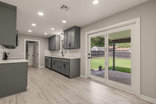 9421 S 69th E Ave, Tulsa, OK 74133 - kitchen featuring gray cabinetry, tasteful backsplash, light countertops, recessed lighting, and stainless steel appliances