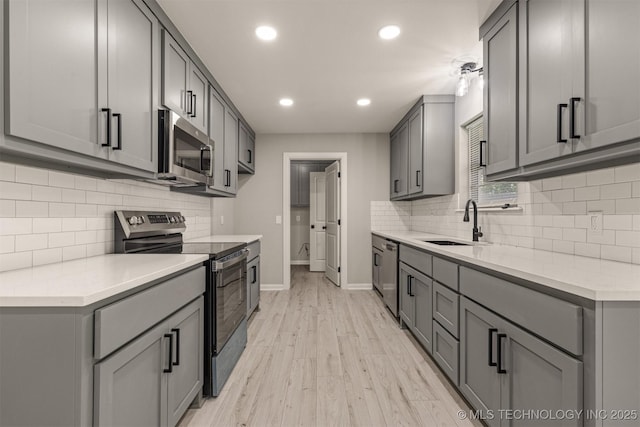 9421 S 69th E Ave, Tulsa, OK 74133 - kitchen with stainless steel appliances, gray cabinetry, recessed lighting, and backsplash
