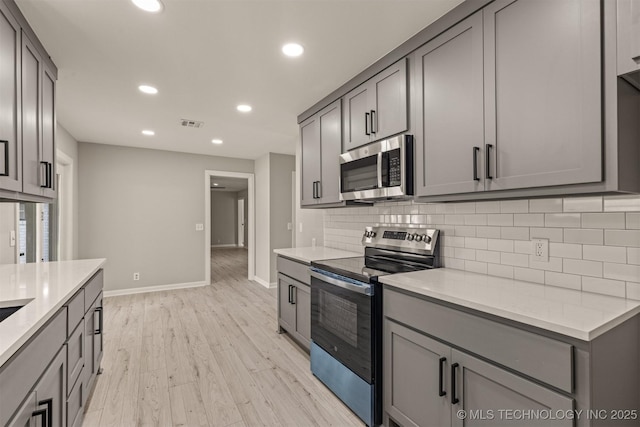 9421 S 69th E Ave, Tulsa, OK 74133 - kitchen with stainless steel appliances, gray cabinets, backsplash, light wood-style flooring, and recessed lighting