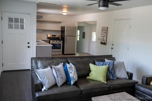 4621 Riverside Dr, Tulsa, OK 74105 - living room featuring ceiling fan and wood finished floors