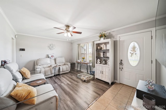 1332 E 42nd St, Tulsa, OK 74105 - living area with ceiling fan, ornamental molding, and tile patterned flooring