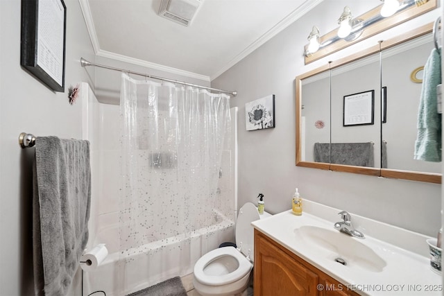 1332 E 42nd St, Tulsa, OK 74105 - full bathroom with crown molding, vanity, and shower / bathtub combination with curtain