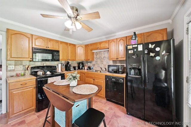 1332 E 42nd St, Tulsa, OK 74105 - kitchen featuring black appliances, crown molding, backsplash, a ceiling fan, and light countertops