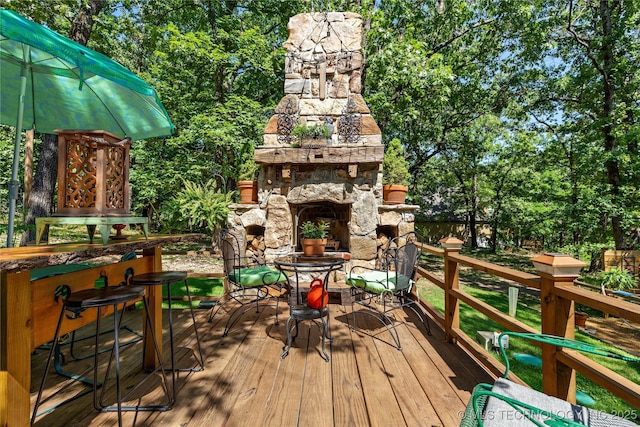 453805 E 315th Rd, Afton, OK 74331 - wooden terrace featuring a fireplace and view of scattered trees