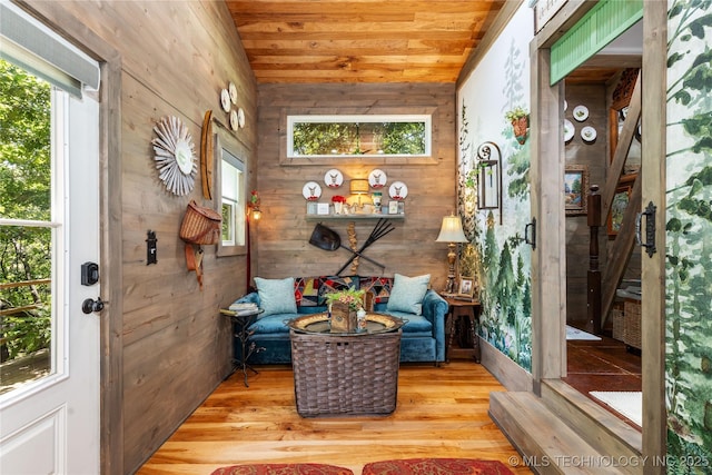 453805 E 315th Rd, Afton, OK 74331 - living area with wood ceiling, wooden walls, lofted ceiling, and wood finished floors